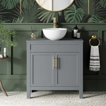 Bermuda Dove Grey Vanity with Round Counter Top Basin 800mm - Brass Knurled Handles