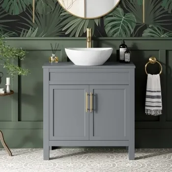 Bermuda Dove Grey Vanity with Oval Counter Top Basin 800mm - Brass Knurled Handles