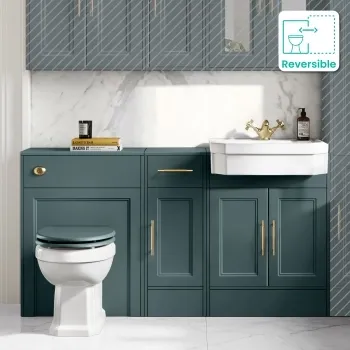 Monaco Midnight Green Combination Vanity Traditional Basin and Hudson Toilet with Wooden Seat 1500mm - Brass Knurled Handles
