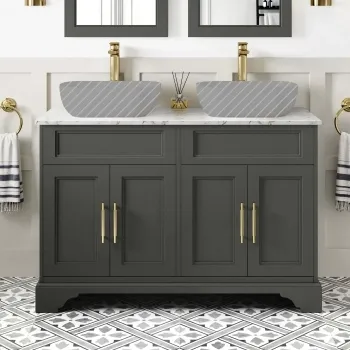Lucia Graphite Grey Cabinet with Marble Top 1200mm (Excludes Counter Top Basins) - Brass Knurled Handles