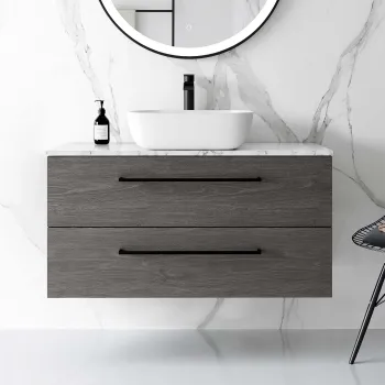 Elba Charcoal Elm Wall Hung Drawer Vanity with Marble Top & Curved Counter Top Basin 1000mm - Black Accents