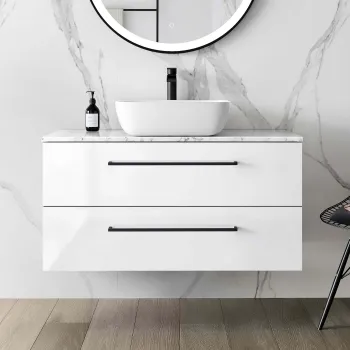 Elba Gloss White Wall Hung Drawer Vanity with Marble Top & Curved Counter Top Basin 1000mm - Black Accents