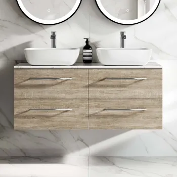 Elba Dawn Oak Double Wall Hung Drawer Vanity with Marble Top & Curved Basin 1200mm
