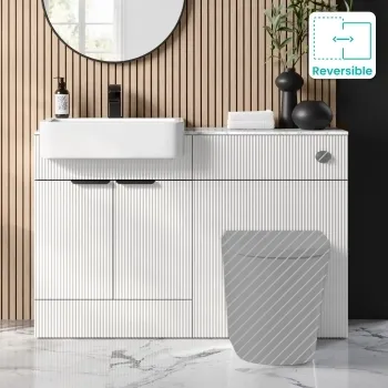 Sicily Fluted Coastal White Basin Vanity with Marble Top & Back To Wall Unit 1200mm (Excludes Toilet) - Black Accents