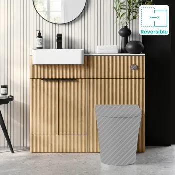 Sicily Fluted Country Oak Basin Vanity with Marble Top & Back To Wall Unit 1000mm (Excludes Toilet) - Black Accents