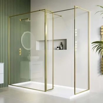 Munich Brushed Brass Framed 8mm Walk In Shower Enclosure 1400mm & 800mm Glass with Return Panel