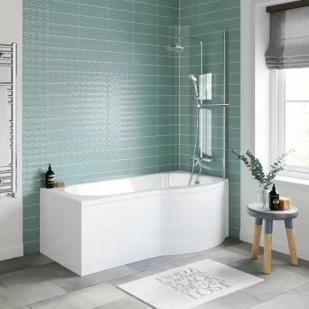 P Shaped 1600 Shower Bath with Front Panel & 4mm Screen with Rail - Right Handed
