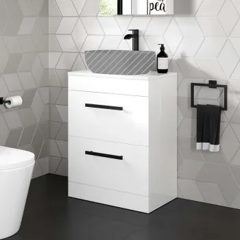 Avon Gloss White Counter Top Drawer Vanity 600mm - Black Accents