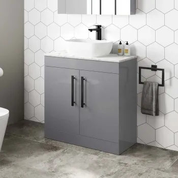 Avon Stone Grey Vanity with Marble Top & Curved Counter Top Basin 800mm - Black Accents