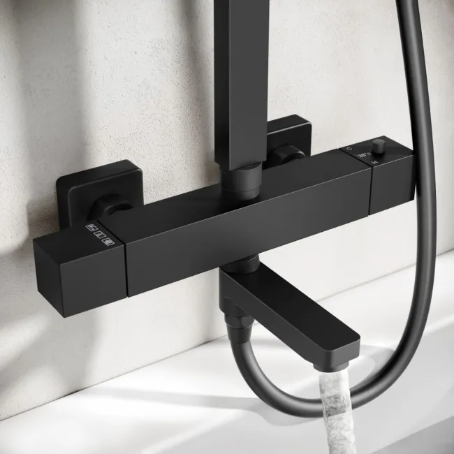 Skye Square Matt Black Thermostatic Bath Filler Shower Set