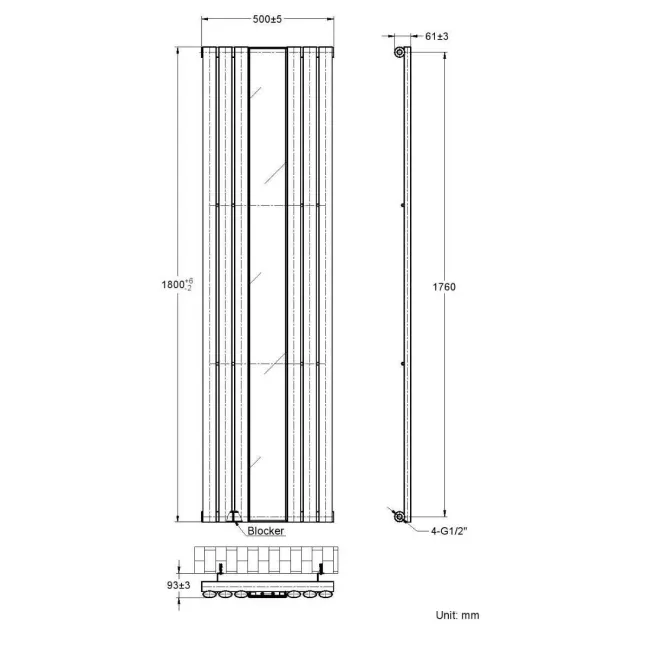 Marseille Anthracite Single Vertical Mirror Radiator 1800x500mm