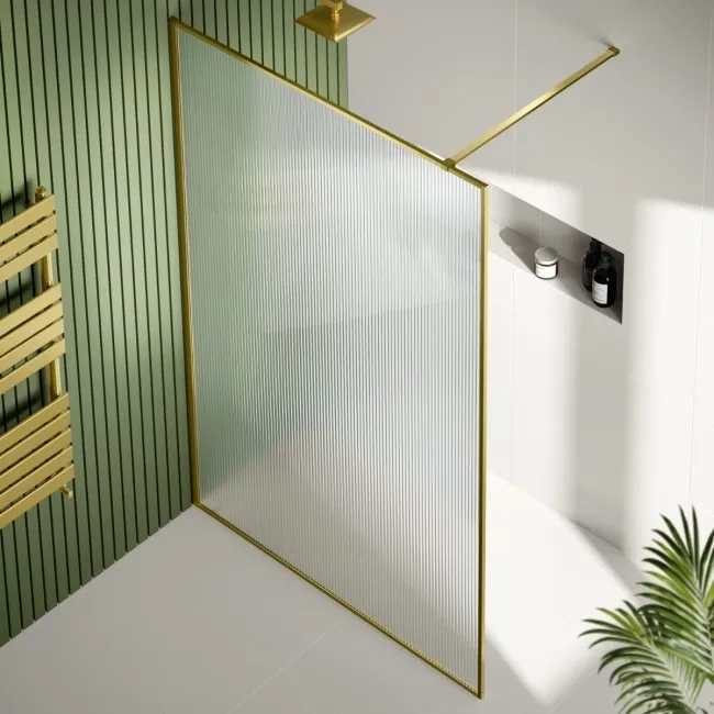 Munich Fluted Effect Brushed Brass Easy Clean 8mm Wet Room Shower Glass Panel 1400mm
