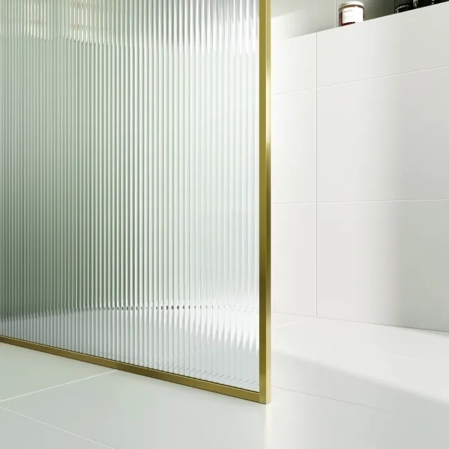 Munich Fluted Effect Brushed Brass Easy Clean 8mm Wet Room Shower Glass Panel 1400mm