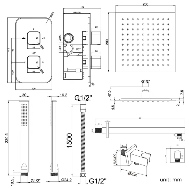 Galway Premium Chrome Square Thermostatic Shower Set - 200mm Head & Hand Shower