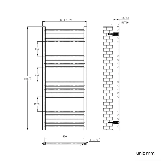 Barcelona Electric Matt Black Straight Heated Towel Rail 1400x600mm