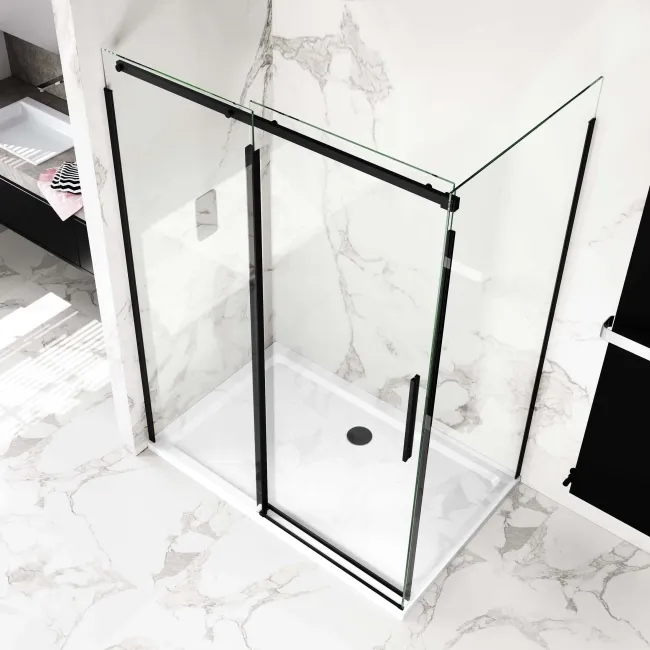 Stockholm Matt Black Easy Clean 8mm Frameless Sliding Shower Enclosure 1400x800mm