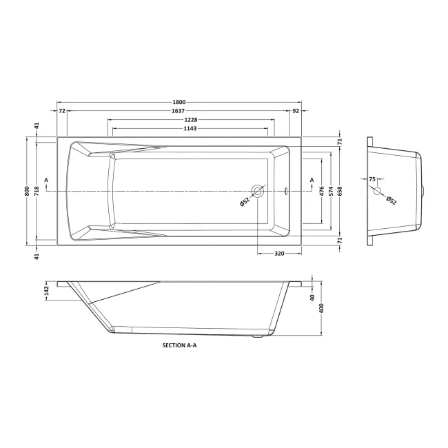 Hereford Square Shower Bath 1800x800 & 6mm Easy Clean Matt Black Grid Bath Screen