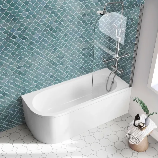 Oakham 1700 Space Saving Shower Bath & 6mm Easy Clean Screen with Rail - Right Handed