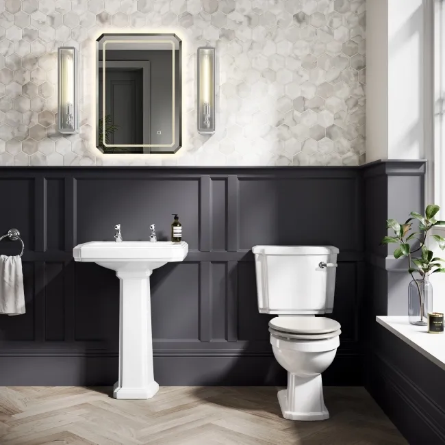 Hudson Traditional Toilet With Cotton White Seat & Pedestal Basin Set - Double Tap Hole
