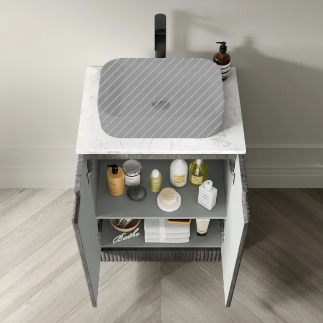 Crete Fluted Charcoal Elm Vanity with Marble Top 600mm - Excludes Counter Top Basin