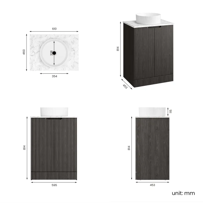 Crete Fluted Charcoal Elm Vanity with Marble Top & Nevis Basin 600mm