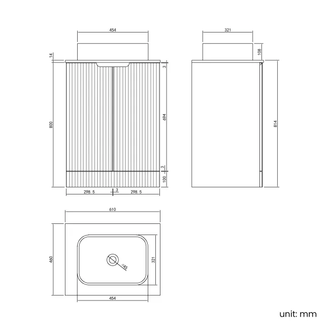 Crete Fluted Charcoal Elm Vanity with Marble Top & Marin Basin 600mm