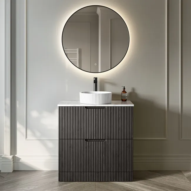 Crete Fluted Charcoal Elm Vanity Drawer with Marble Top & Nevis Basin 800mm