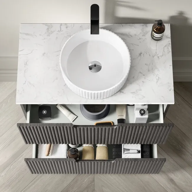 Crete Fluted Charcoal Elm Vanity Drawer with Marble Top & Nevis Basin 800mm