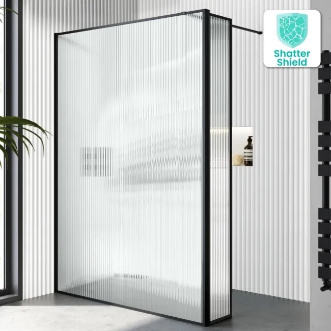 Munich Fluted Effect Matt Black Framed 8mm Wet Room Shower Glass 1400mm & 250mm Pivotal Return Panel