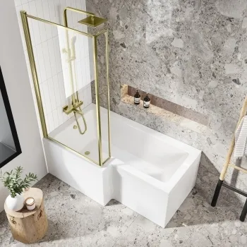 L Shaped 1600 Shower Bath with Front Panel & 6mm Easy Clean Brushed Brass Bath Screen - Left Handed