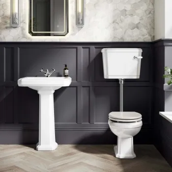 Hudson Traditional Low-Level Toilet With Cotton White Seat & Pedestal Basin - Single Tap Hole