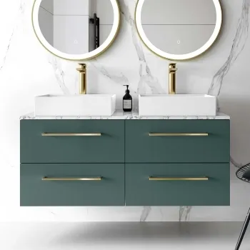 Elba Midnight Green Double Wall Hung Drawer Vanity with Marble Top & Cody Basin 1200mm - Brushed Brass Accents