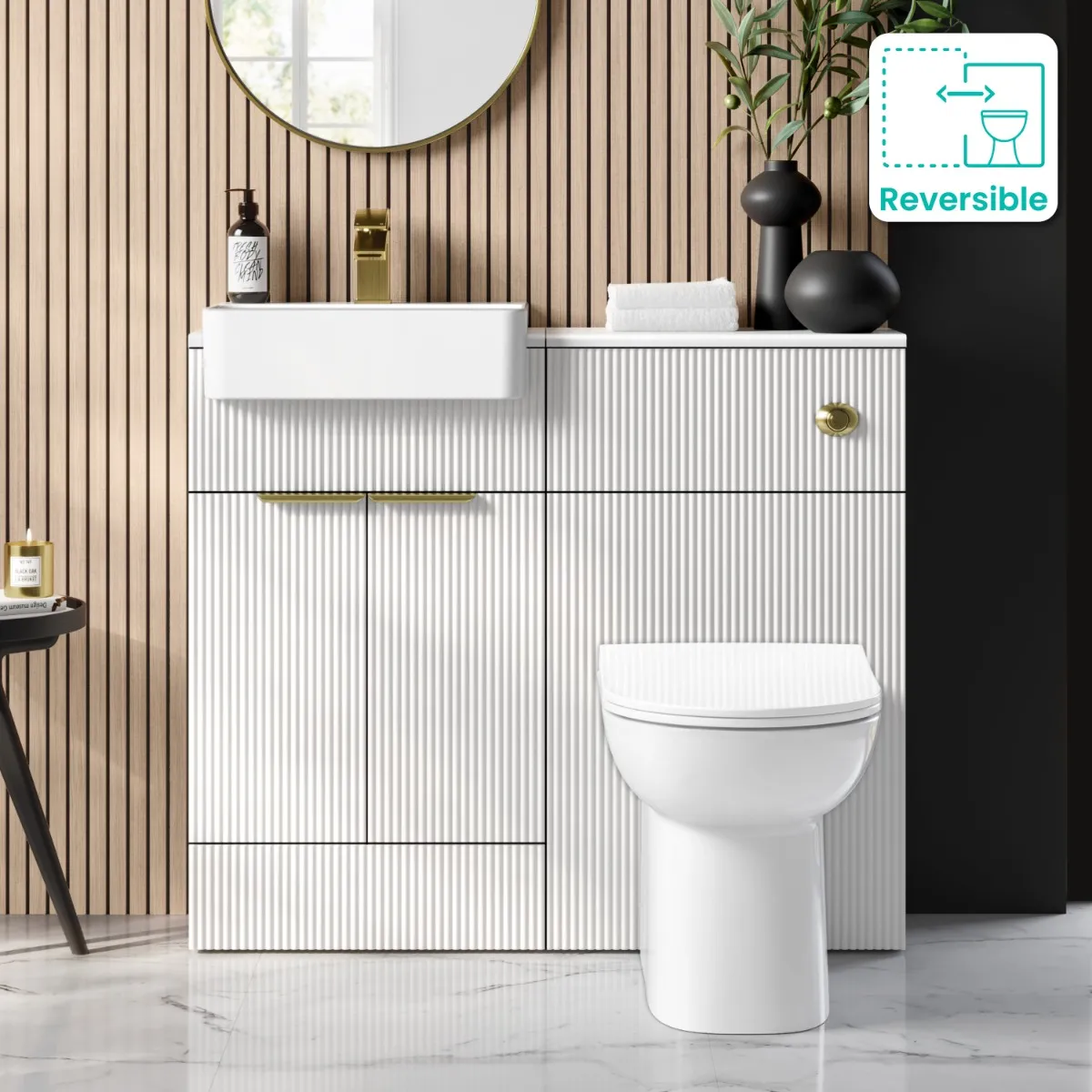 Sicily Fluted Coastal White Combination Vanity Basin and Aruba Toilet 1000mm - Brushed Brass Accents