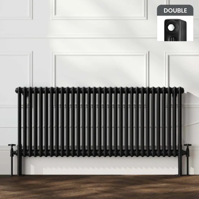 Athens Matt Black Double Column Horizontal Traditional Radiator 600x1415mm