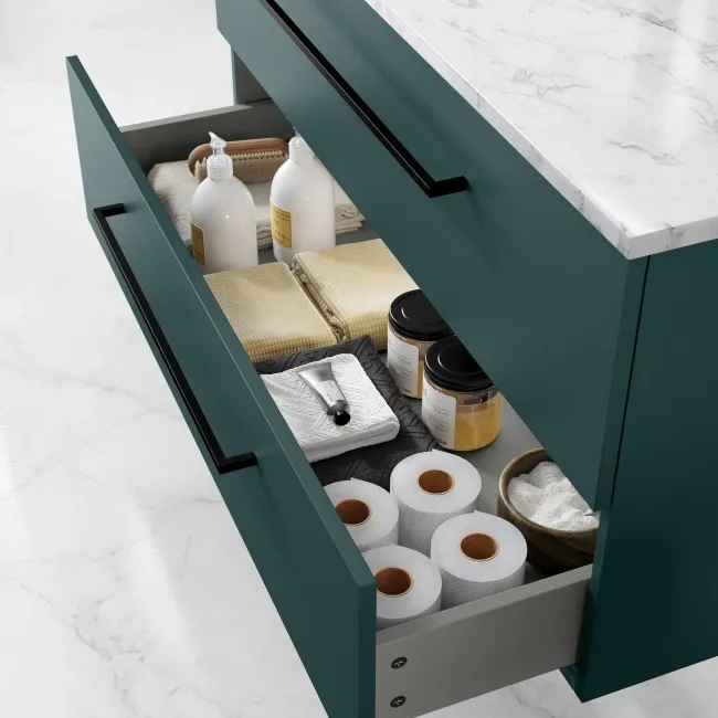 Elba Midnight Green Wall Hung Drawer Vanity with Marble Top & Cody Basin 1000mm - Black Accents