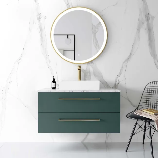 Elba Midnight Green Wall Hung Drawer Vanity with Marble Top & Cody Basin 1000mm - Brushed Brass Accents