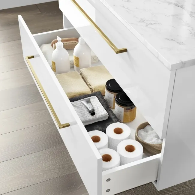 Elba Gloss White Wall Hung Drawer Vanity 1000mm Excludes Counter Top Basin - Brushed Brass Accents