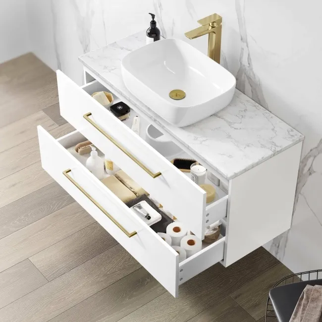 Elba Gloss White Wall Hung Drawer Vanity with Marble Top & Curved Counter Top Basin 1000mm - Brushed Brass Accents