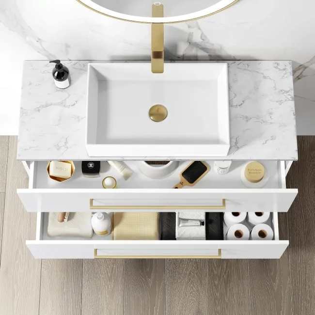 Elba Gloss White Wall Hung Drawer Vanity with Marble Top & Cody Basin 1000mm - Brushed Brass Accents