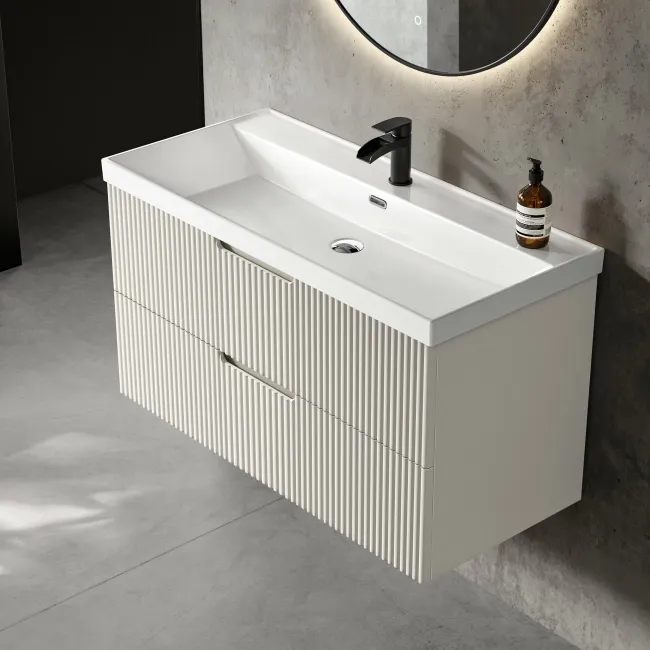 Crete Fluted Linen White Wall Hung Basin Drawer Vanity 1000mm