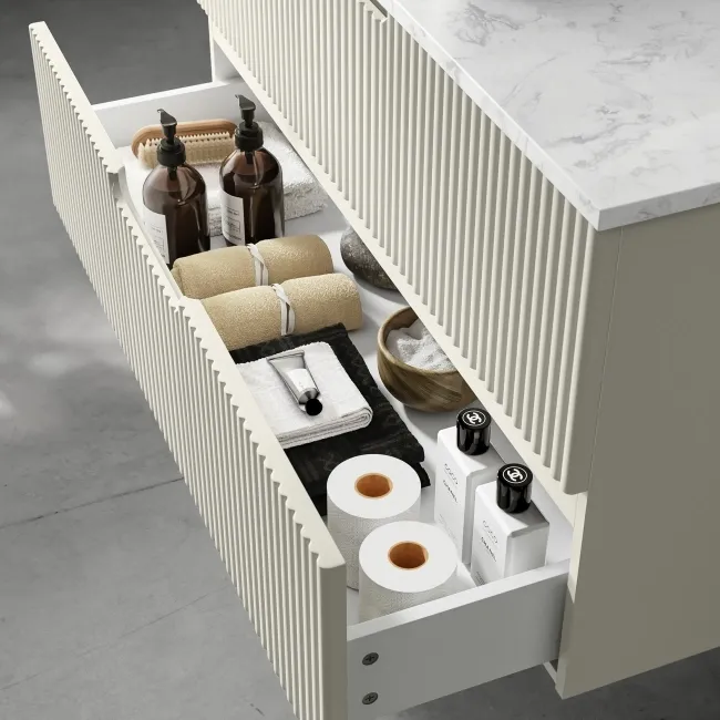 Crete Fluted Linen White Wall Hung Drawer Vanity with Marble Top 1000mm - Excludes Counter Top Basin