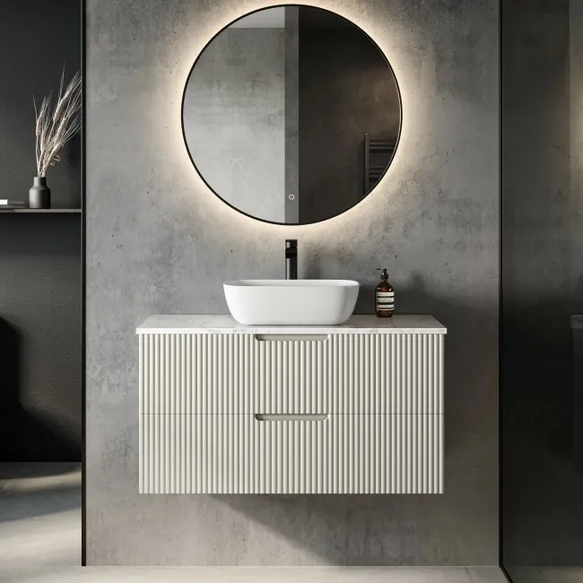 Crete Fluted Linen White Wall Hung Drawer Vanity with Marble Top & Curved Basin 1000mm