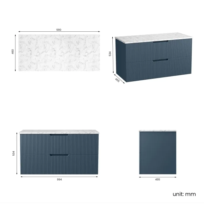 Crete Fluted Navy Blue Wall Hung Drawer Vanity with Marble Top 1000mm - Excludes Counter Top Basin