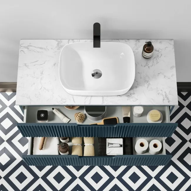 Crete Fluted Navy Blue Wall Hung Drawer Vanity with Marble Top & Curved Basin 1000mm