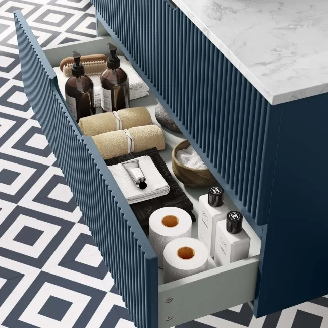 Crete Fluted Navy Blue Wall Hung Drawer Vanity with Marble Top & Marin Basin 1000mm
