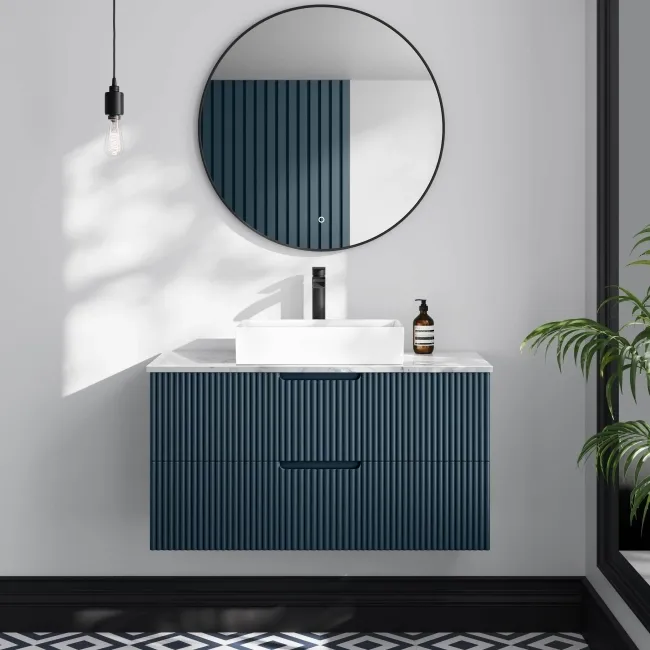 Crete Fluted Navy Blue Wall Hung Drawer Vanity with Marble Top & Cody Basin 1000mm