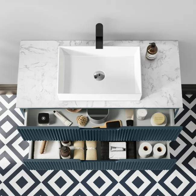 Crete Fluted Navy Blue Wall Hung Drawer Vanity with Marble Top & Cody Basin 1000mm