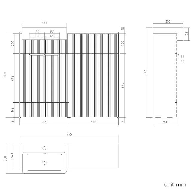 Sicily Fluted Coastal White Vanity and Back To Wall Toilet Unit 1000mm (Excludes Toilet) - Brushed Brass Accents