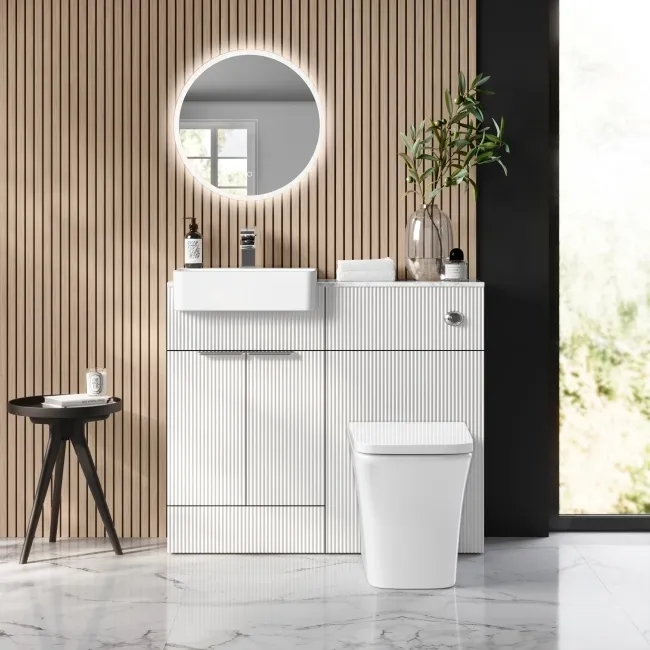 Sicily Fluted Coastal White Combination Vanity Basin with Marble Top & Houston Toilet 1000mm - Chrome Handles