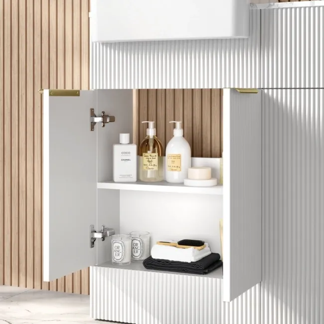 Sicily Fluted Coastal White Combination Vanity Basin with Marble Top & Houston Toilet 1000mm - Brushed Brass Accents